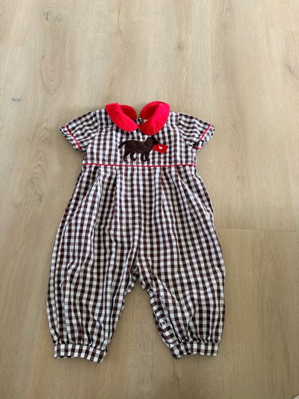 Gingham Baby Romper with Red Velvet Collar and puppy Applique
